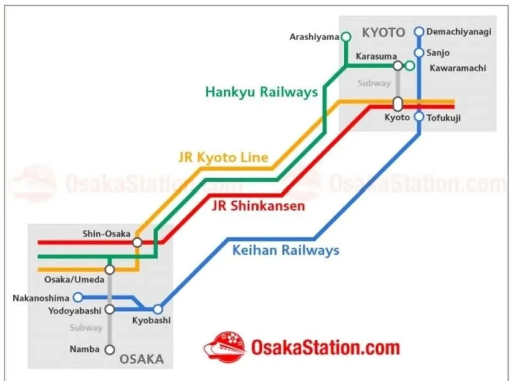 mapa de cómo llegar a Osaka desde Kyoto.